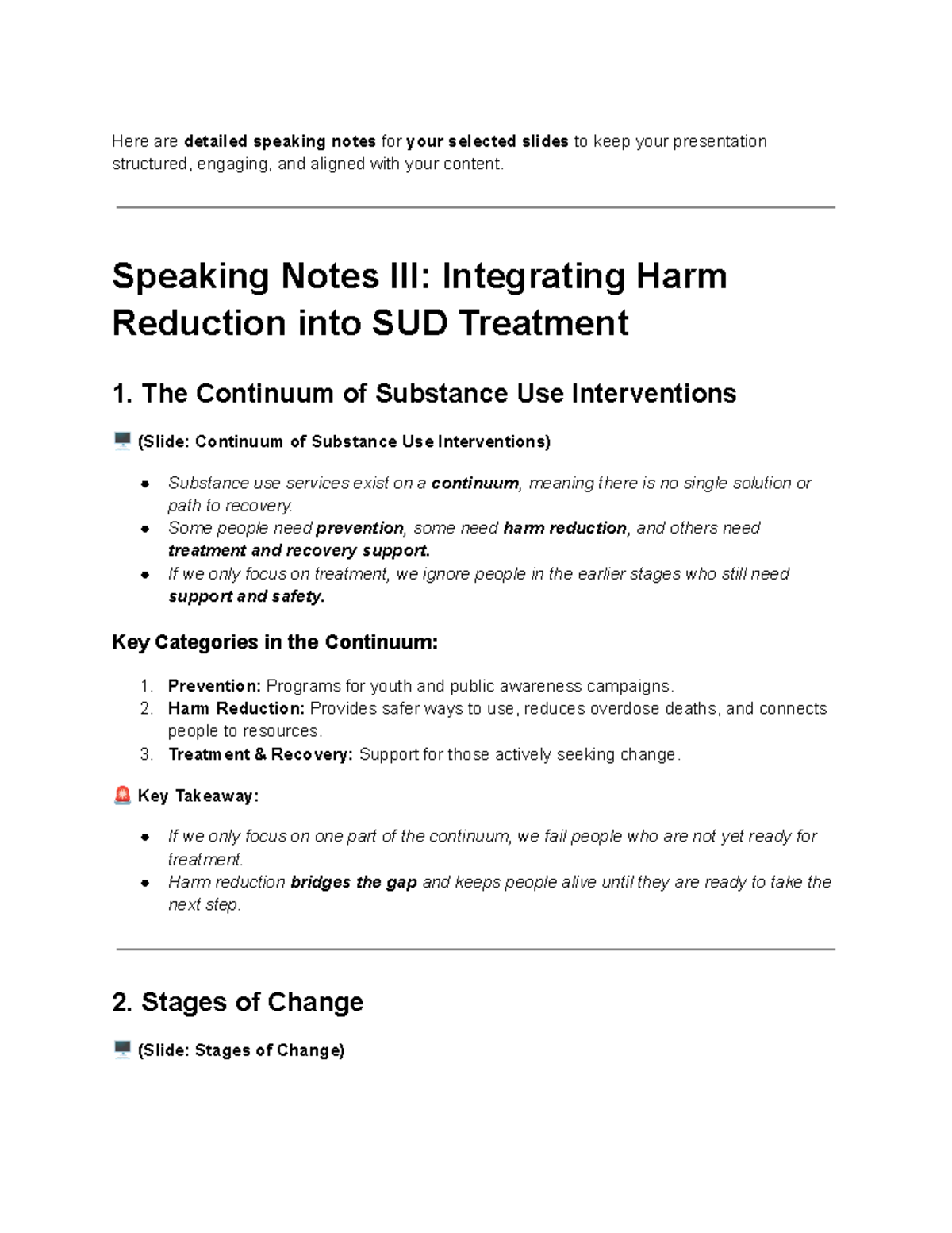 Speaking Notes III: Integrating Harm Reduction into SUD Treatment - Studocu