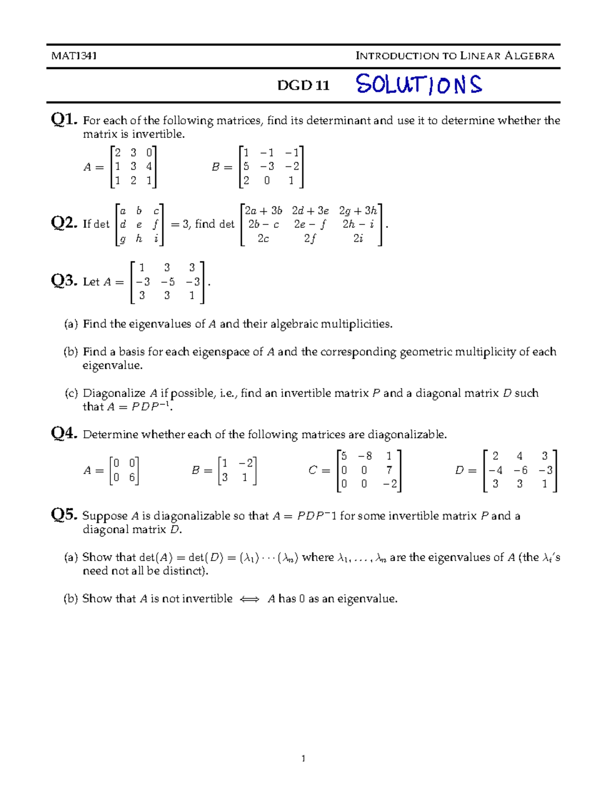 Linear Algebra MAT1341 DGD11 Solutions: Determinants & Eigenvalues ...