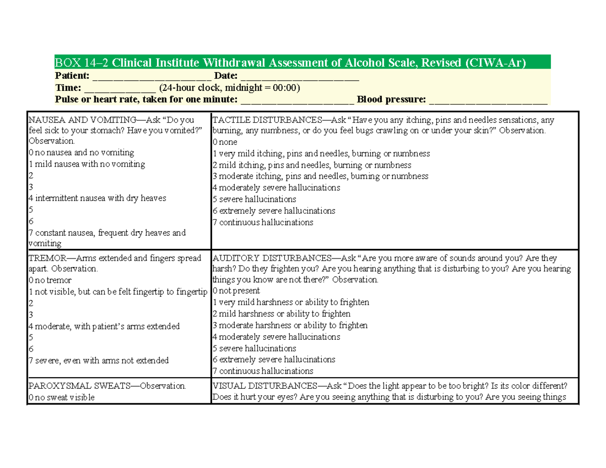 CIWA-Ar Scale Assessment for Alcohol Withdrawal (BOX) - Studocu