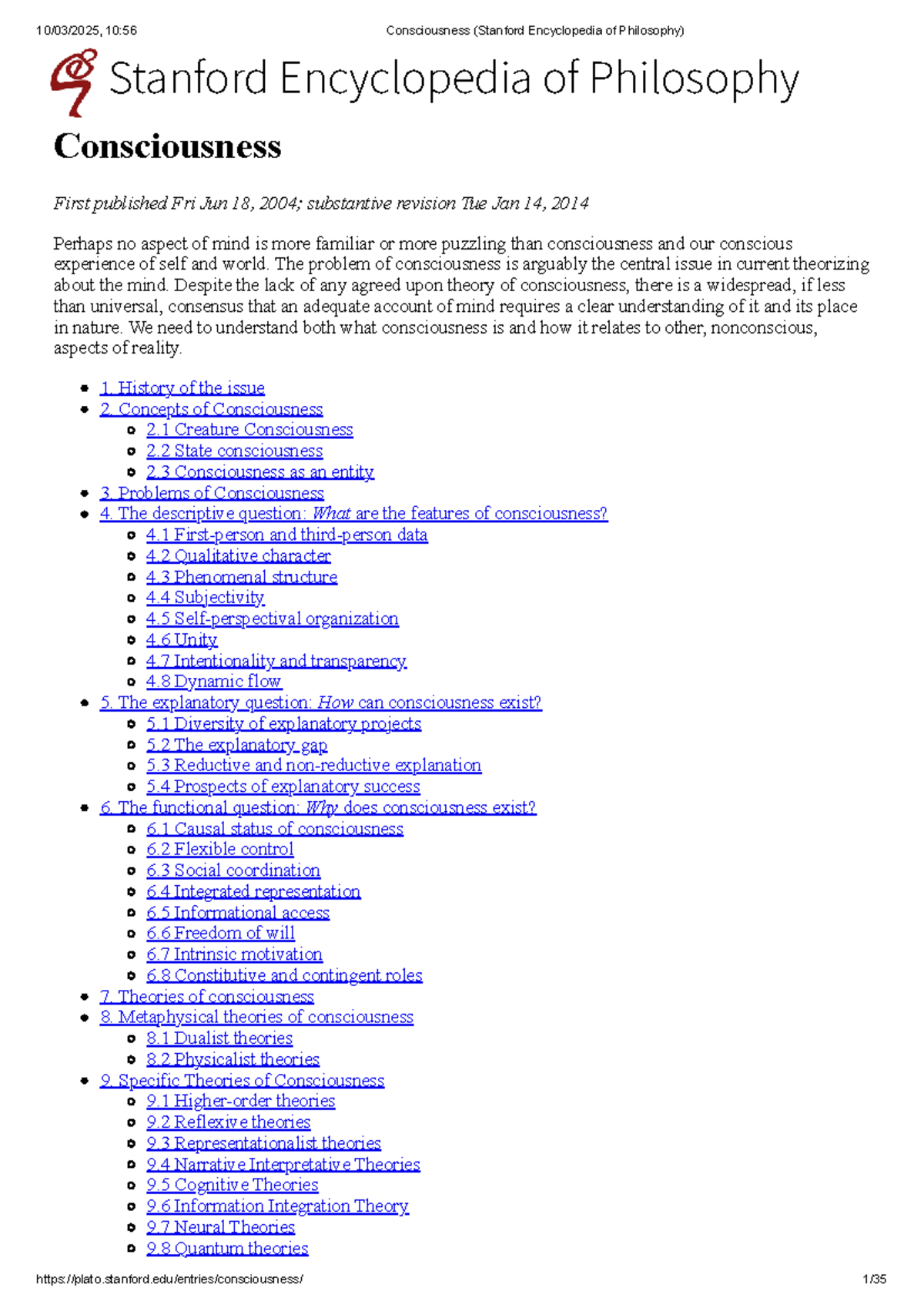 Stanford Encyclopedia of Philosophy: Understanding Consciousness - Studocu