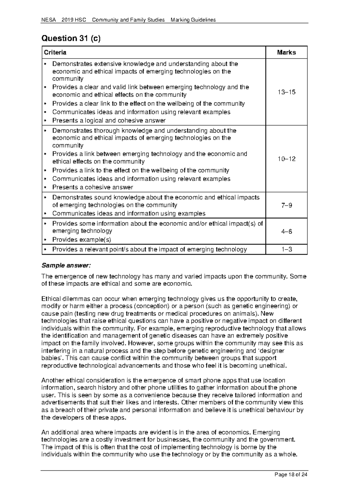 2019 HSC CFS Marking Guidelines: Economic & Ethical Impacts of Tech ...