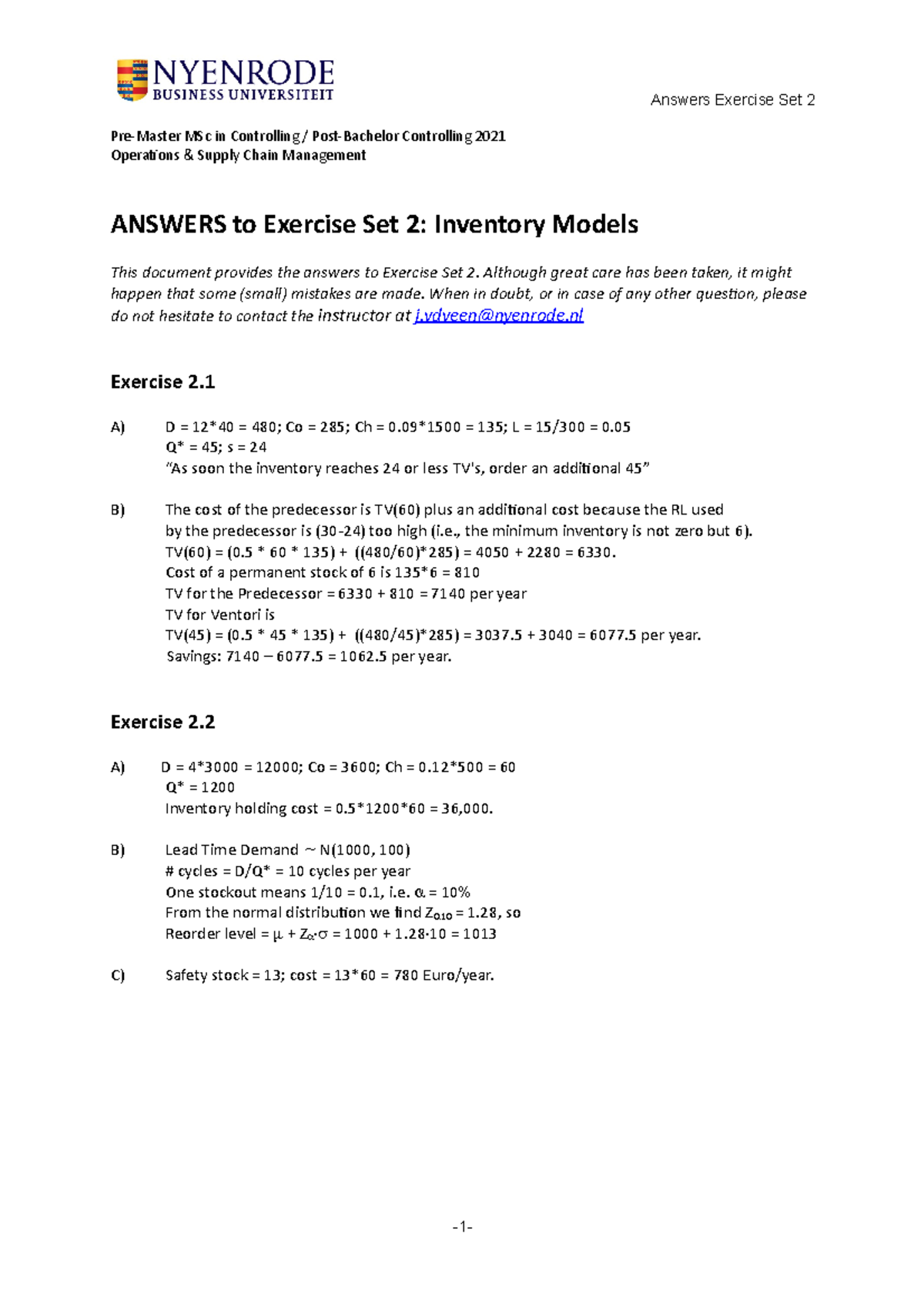 Answers Exercise set 2 - Inventory Models (OSCM 2021) - Operations ...
