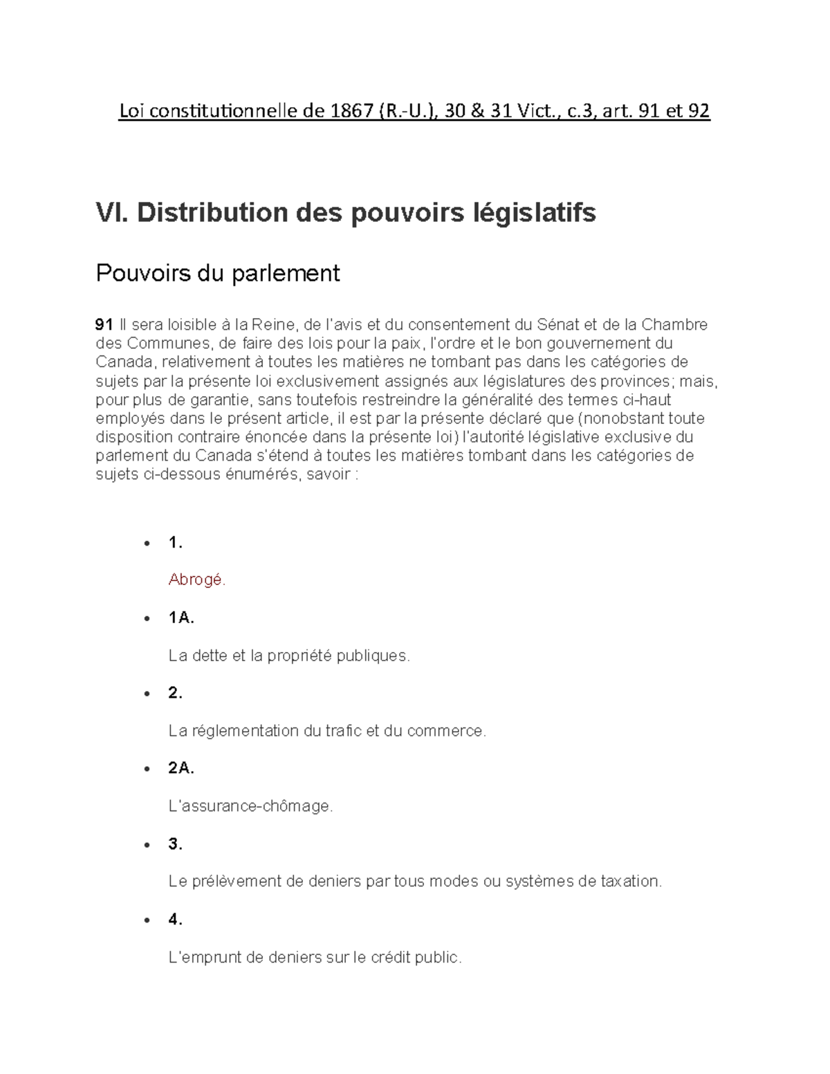 Loi constitutionnelle de 1867 : Analyse des articles 91 et 92 - Studocu
