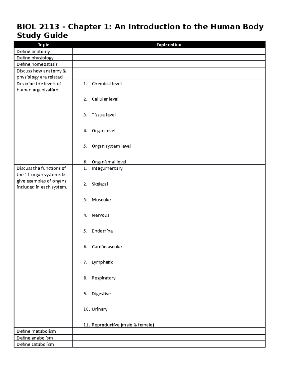 BIOL 2113 - Chapter 1 Study Guide: Intro to Human Body Concepts - Studocu