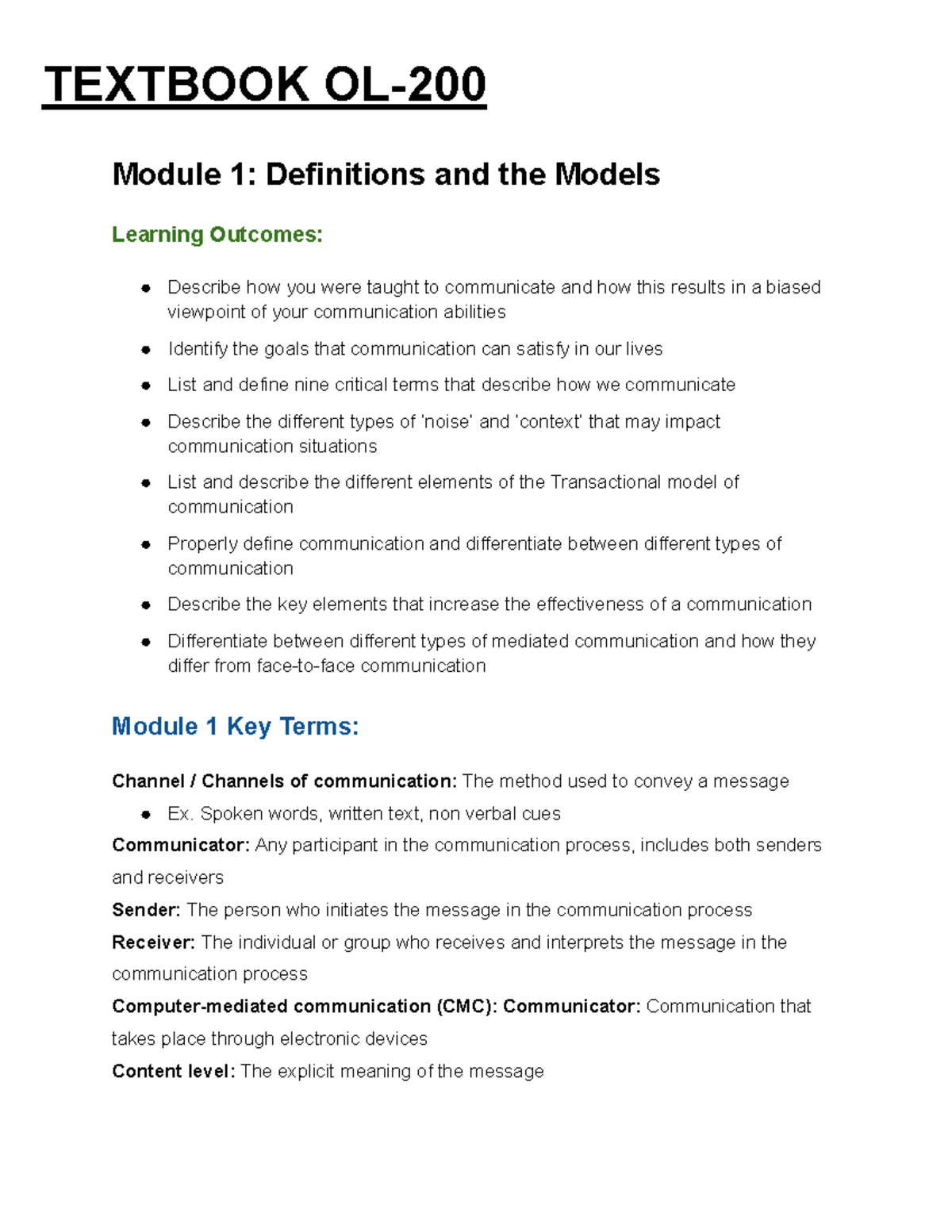 OL200 Module 1: Key Terms in Communication and Models - Studocu