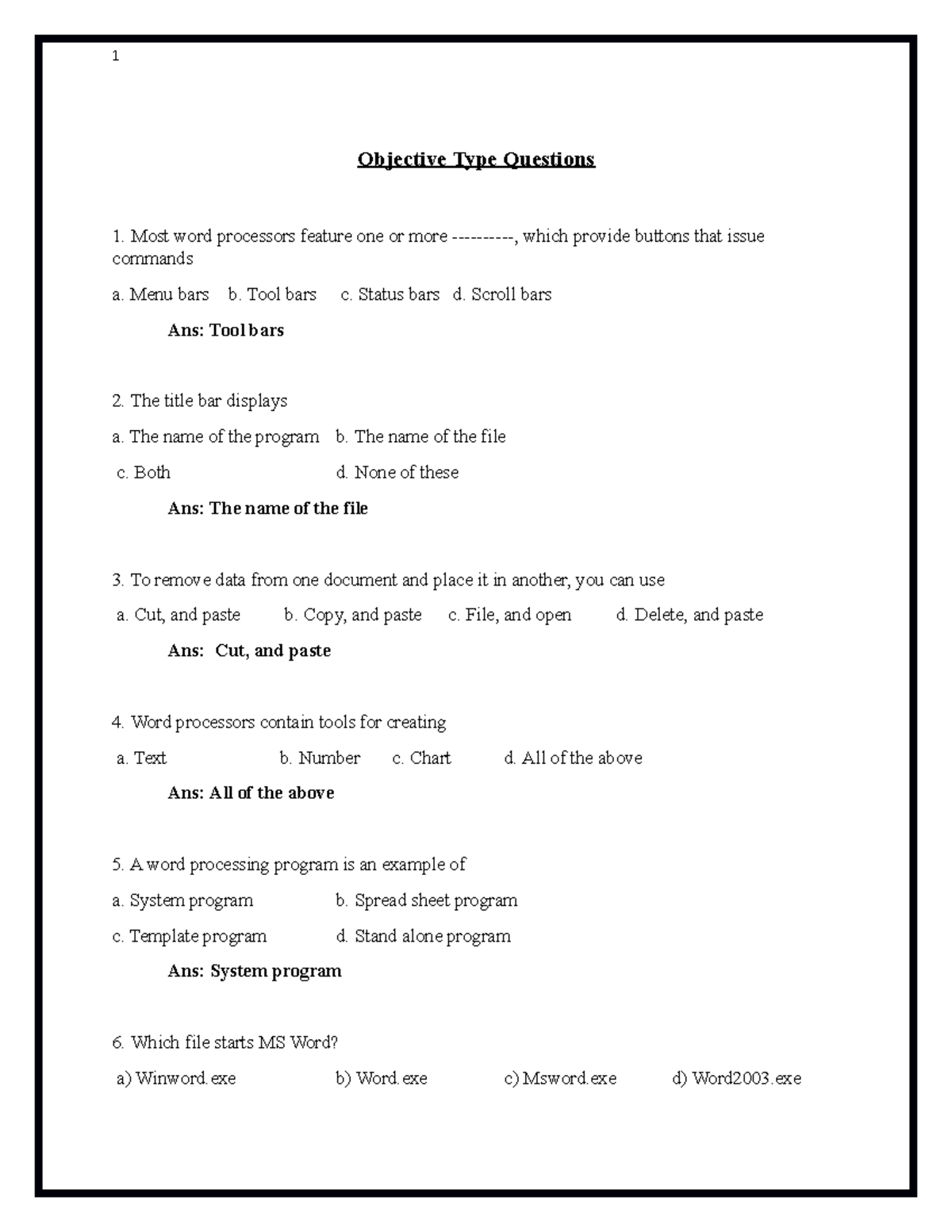 Model Questions 4th module - Objective Type Questions Most word ...