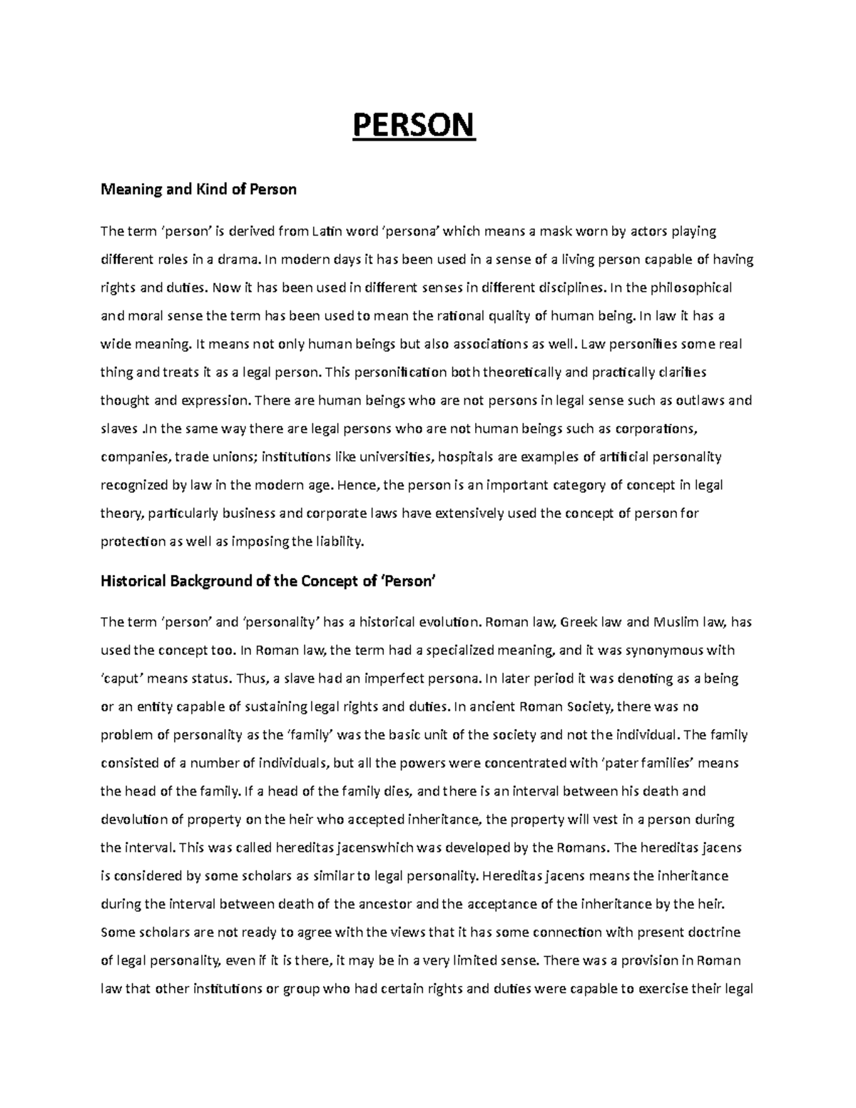 Jurisprudence Assignment: Understanding the Concept of 'Person' - Studocu