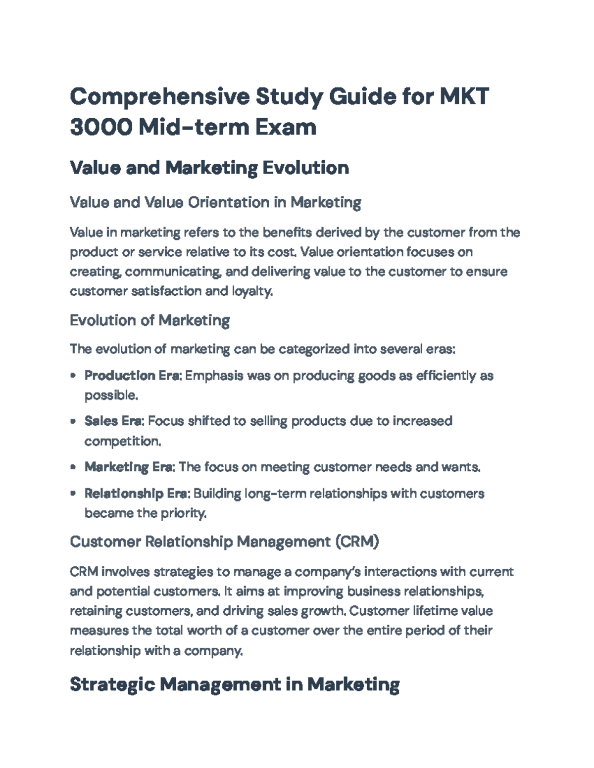 Comprehensive Study Guide for MKT 3000 Midterm Exam on Marketing ...