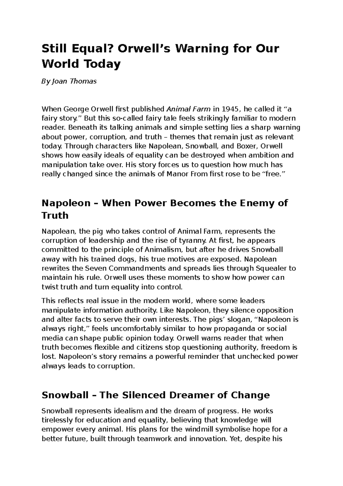 ENG 2025: The Timeless Warning of Orwell's Animal Farm - Studocu