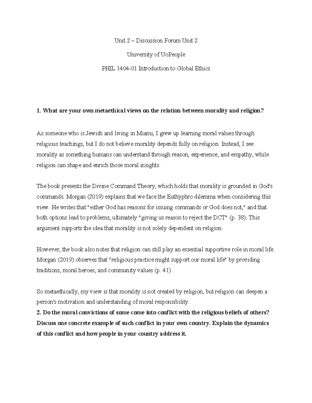 PHIL 1404 - Unit 2 Discussion: Morality and Religion Insights - Studocu