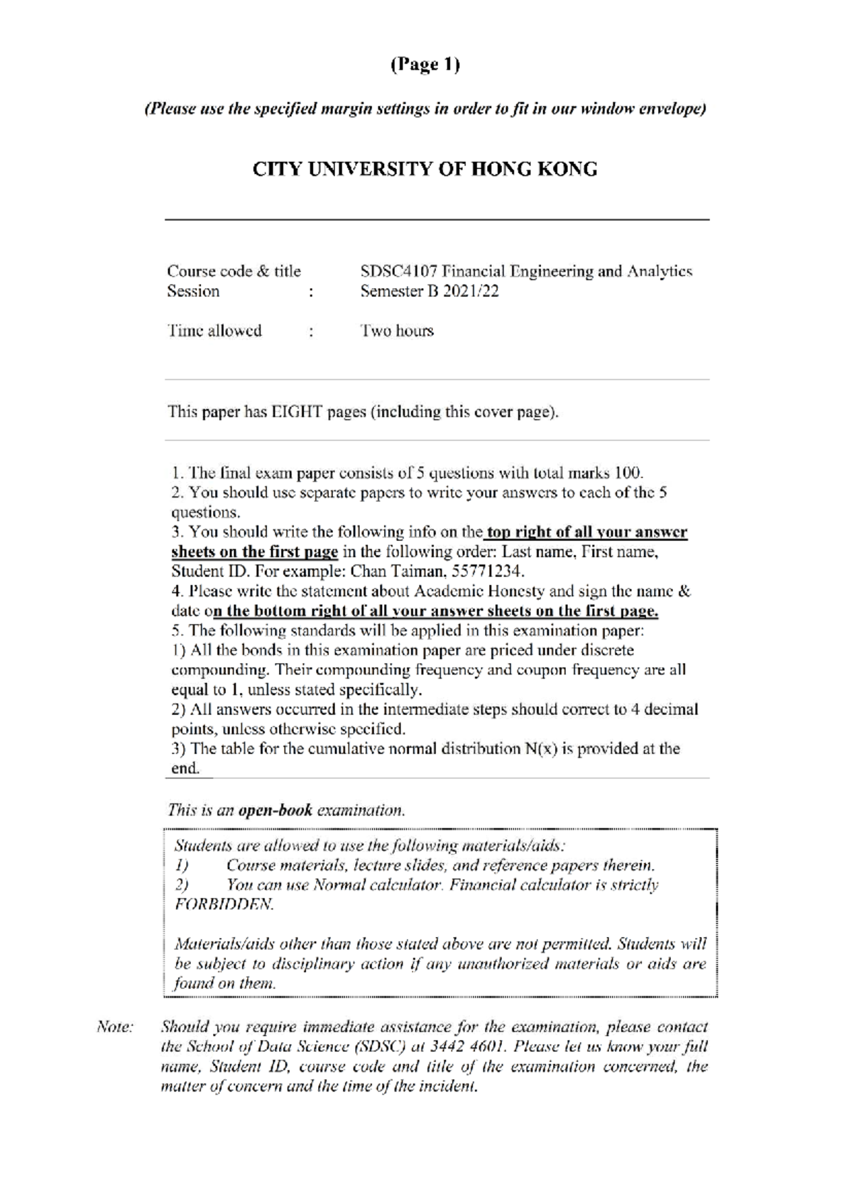 SDSC4107 Financial Engineering & Analytics Final Exam Paper - Studocu