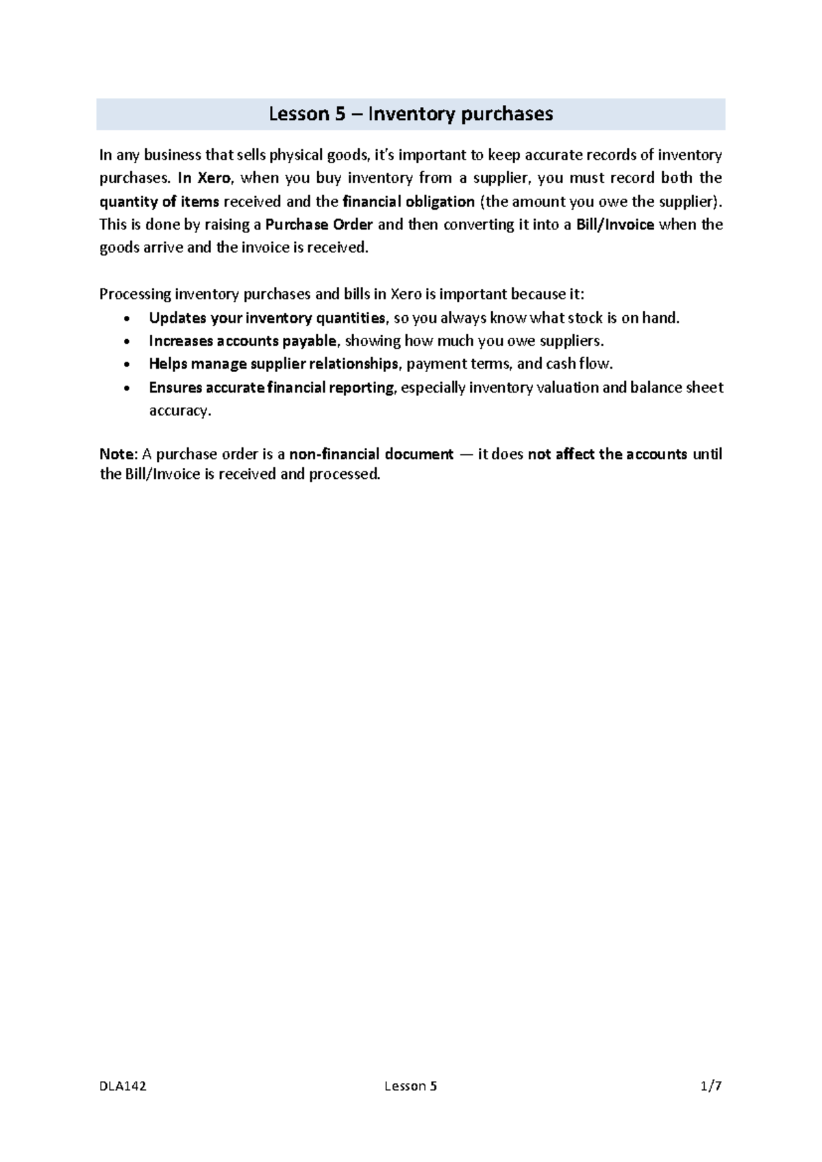 DLA142 Lesson 5: Inventory Purchases and Supplier Management - Studocu