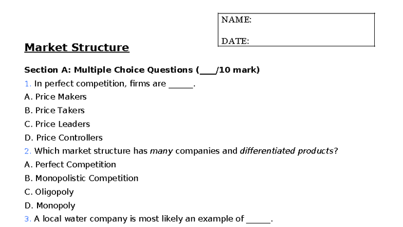 Market Structure Practice: MCQs & Short Answers - Studocu