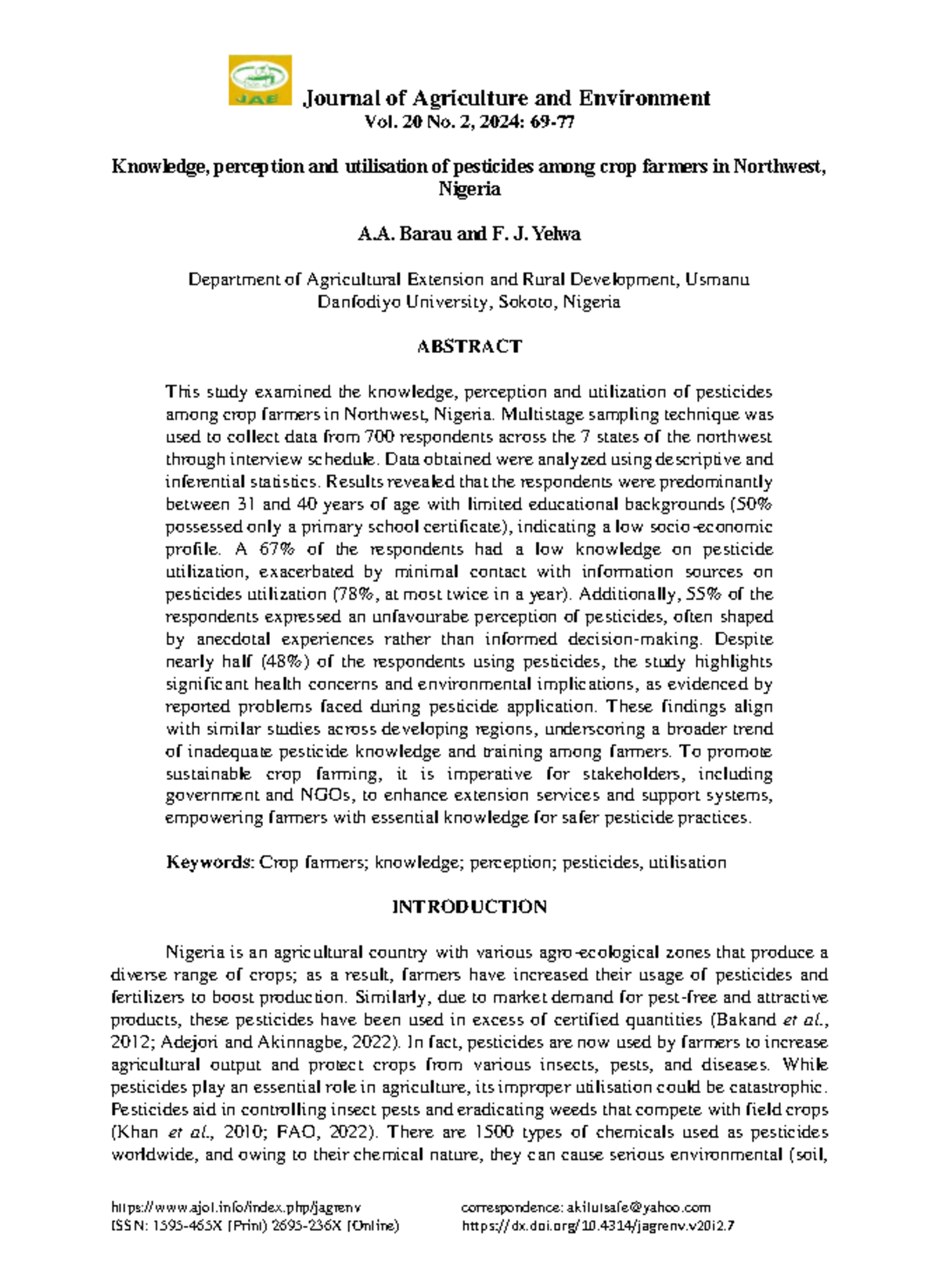Knowledge, Perception, and Utilisation of Pesticides Among Farmers in ...
