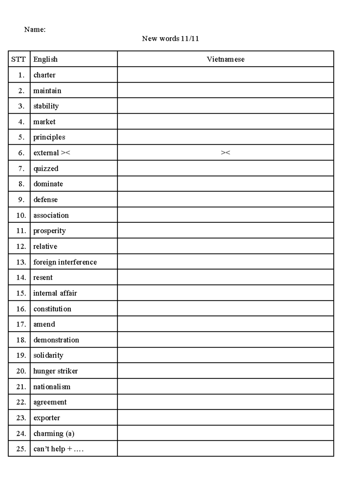 E11 - Vocabulary Practice Task: New Words List & Definitions - Studocu