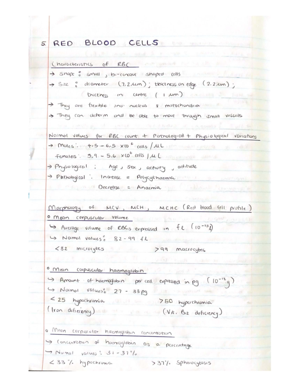 5. RBC Characteristics and Normal Values Notes - Studocu