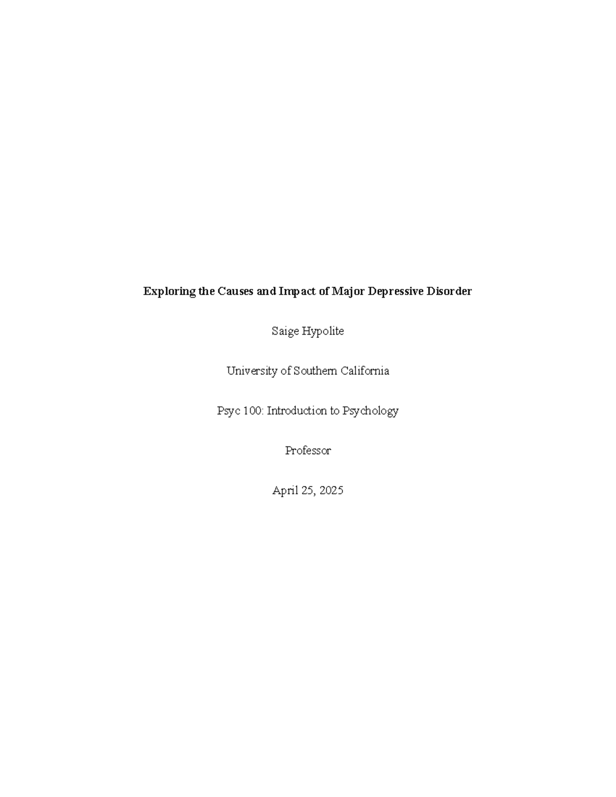 Psyc 100: Major Depressive Disorder - Causes & Impacts Analysis - Studocu