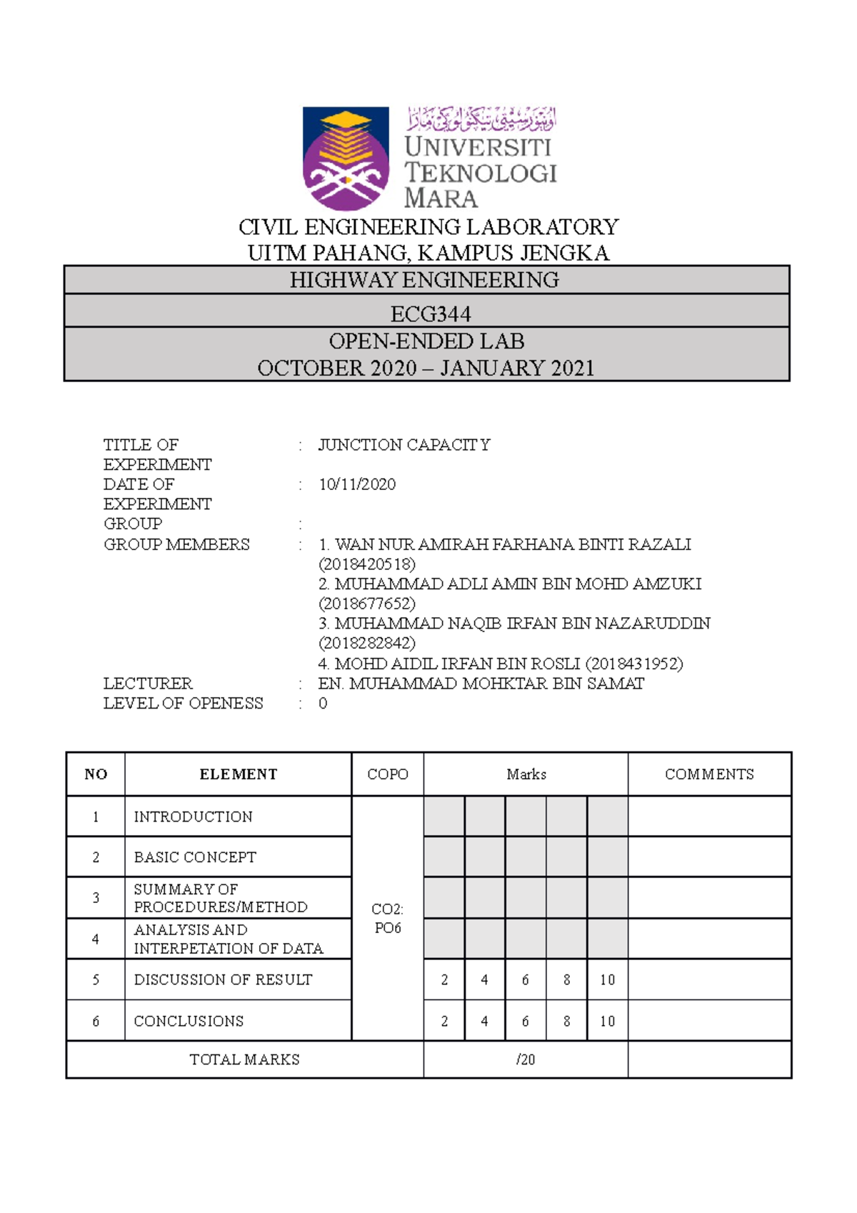 Junction Capacity Analysis - ECG Highway Engineering Lab Report - Studocu