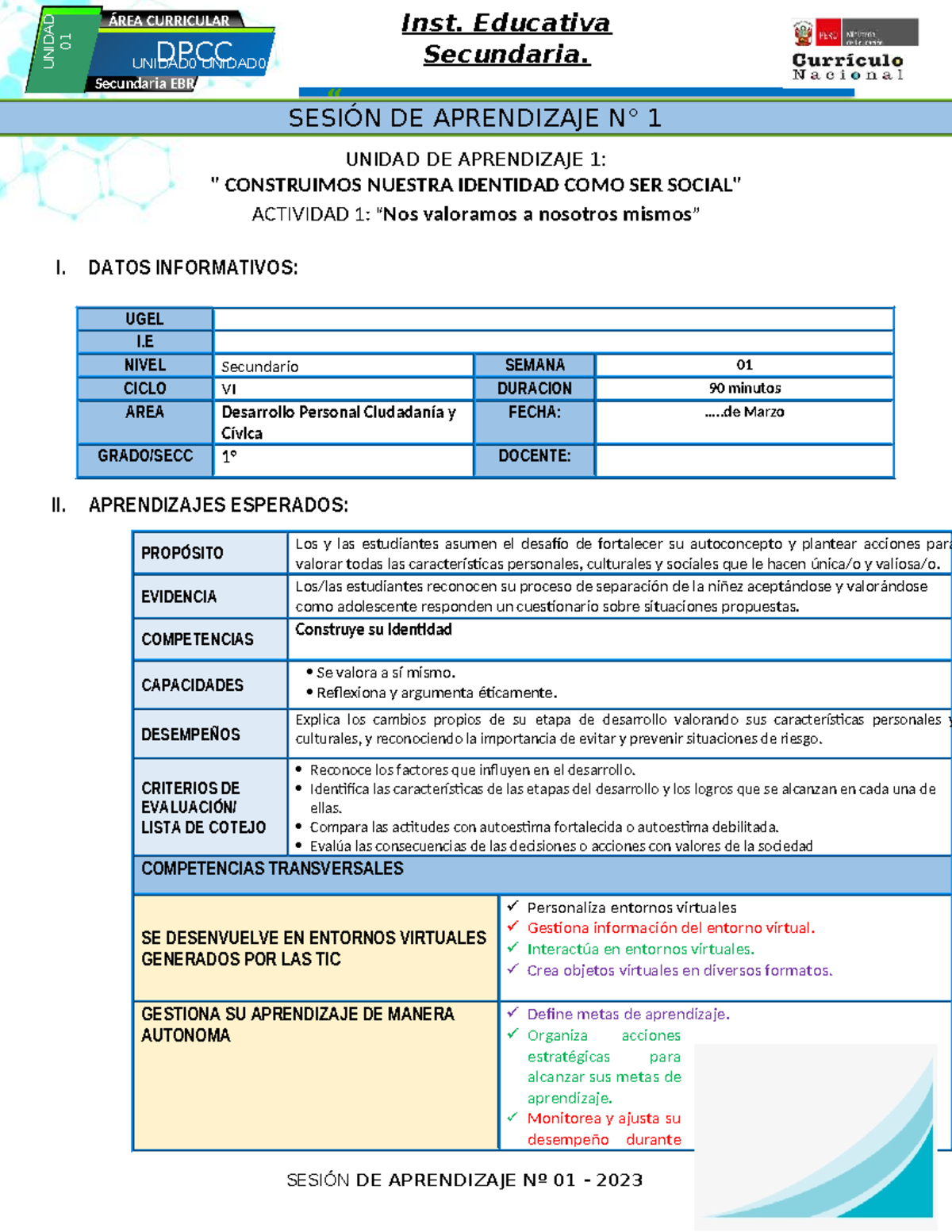 Sesión de Aprendizaje 01: Construyendo Nuestra Identidad - DPCC EBR ...