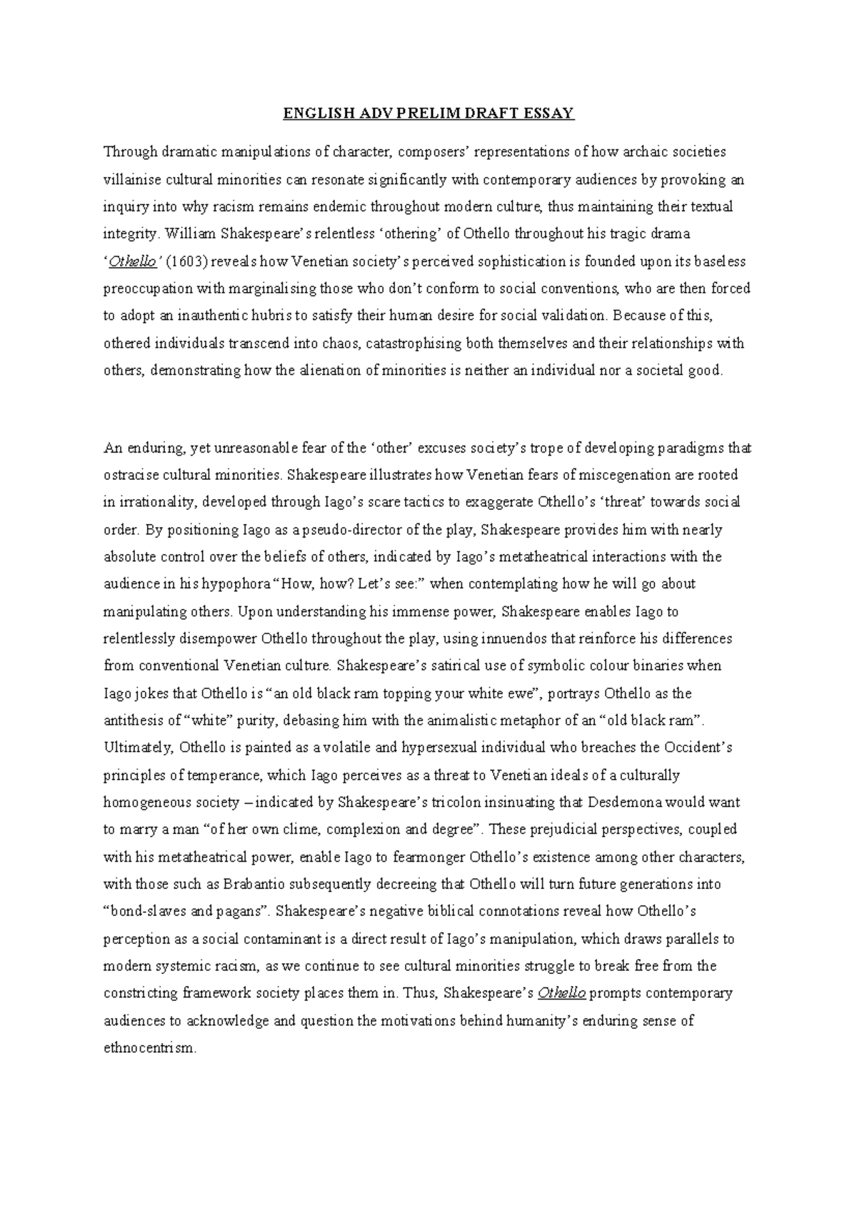 English ADV Prelim Draft Essay - ENGLISH ADV PRELIM DRAFT ESSAY Through ...