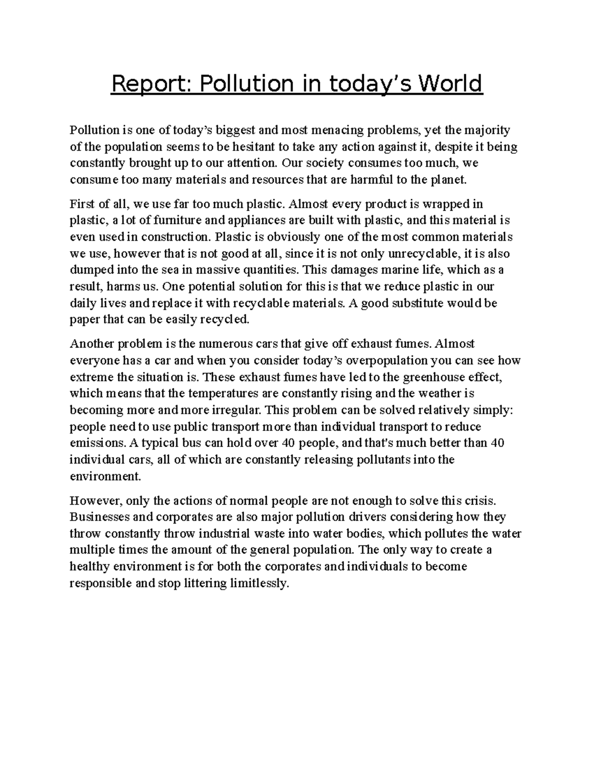 Report on pollution in today's World - Report: Pollution in today’s ...