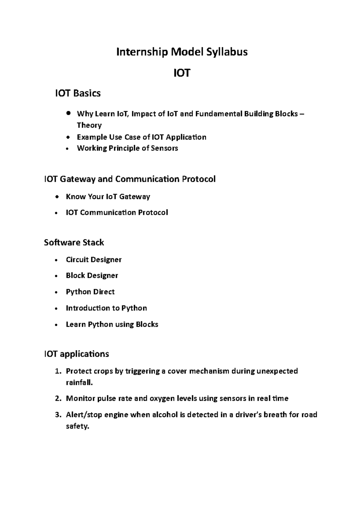 Internship Model Syllabus: IoT Basics and Applications - Studocu