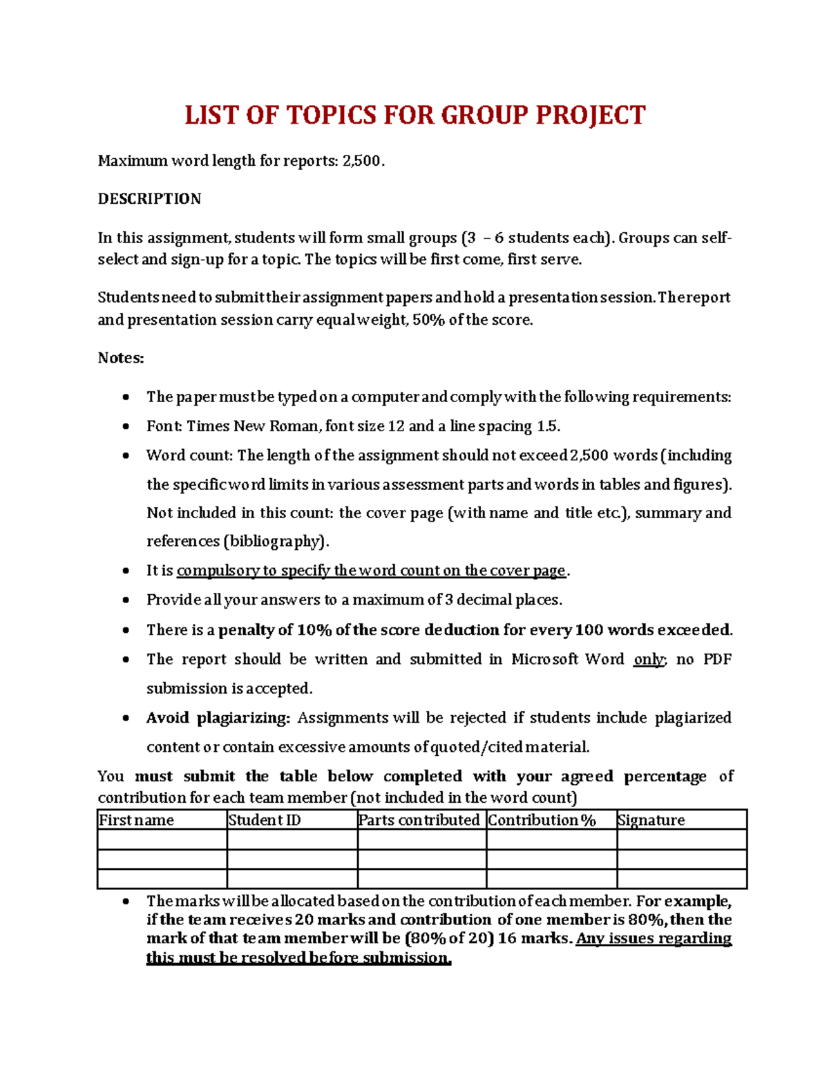 Group Project Topics List and Guidelines (Max 2,500 Words) - Studocu
