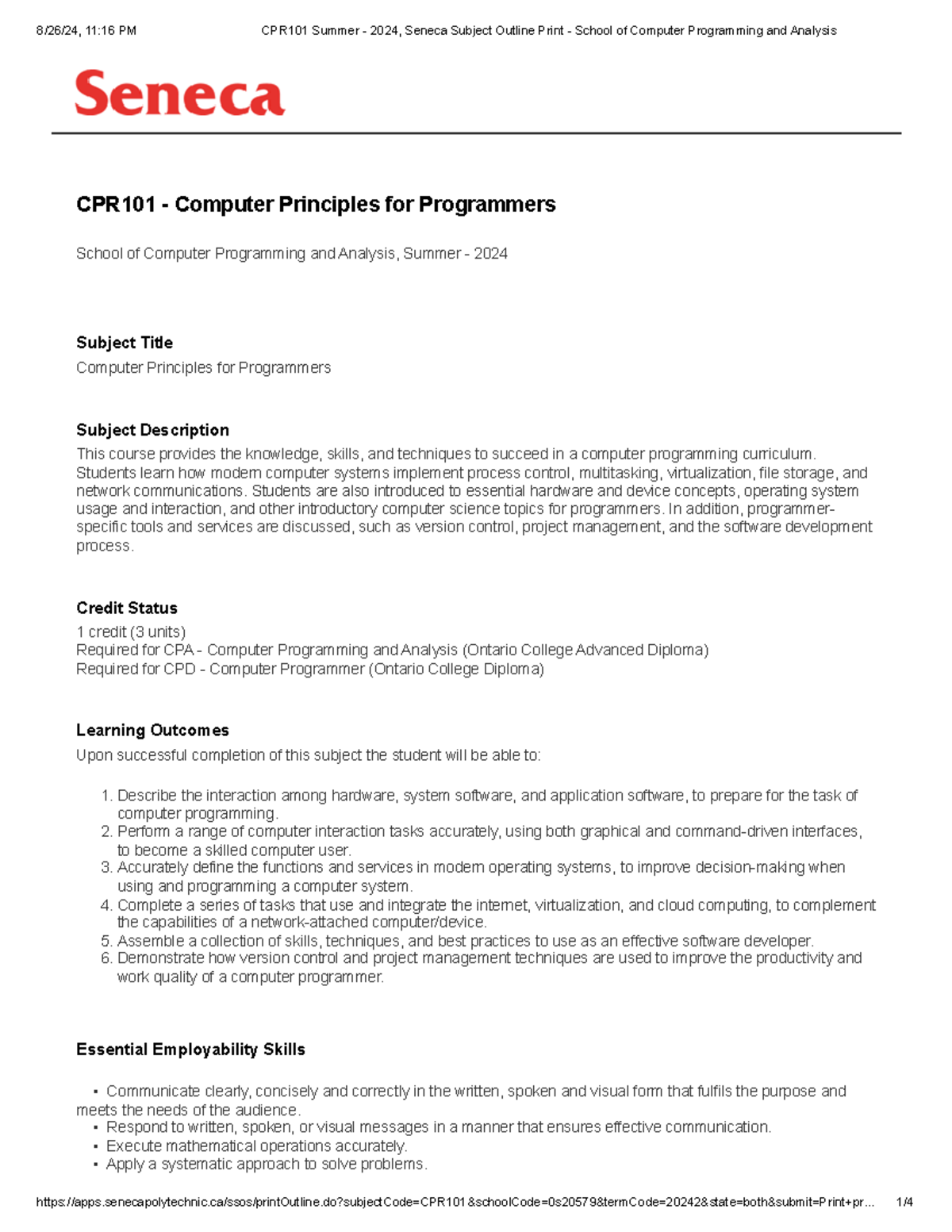CPR101 - Computer Principles - Summer 2024 Subject Outline - Studocu