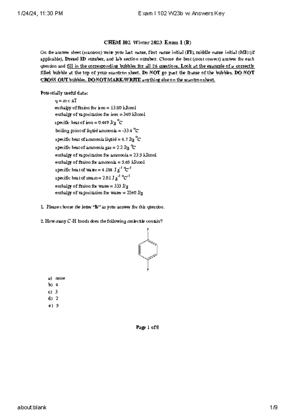CHEM 102 W23b Exam I (Final) with Answer Key - Studocu