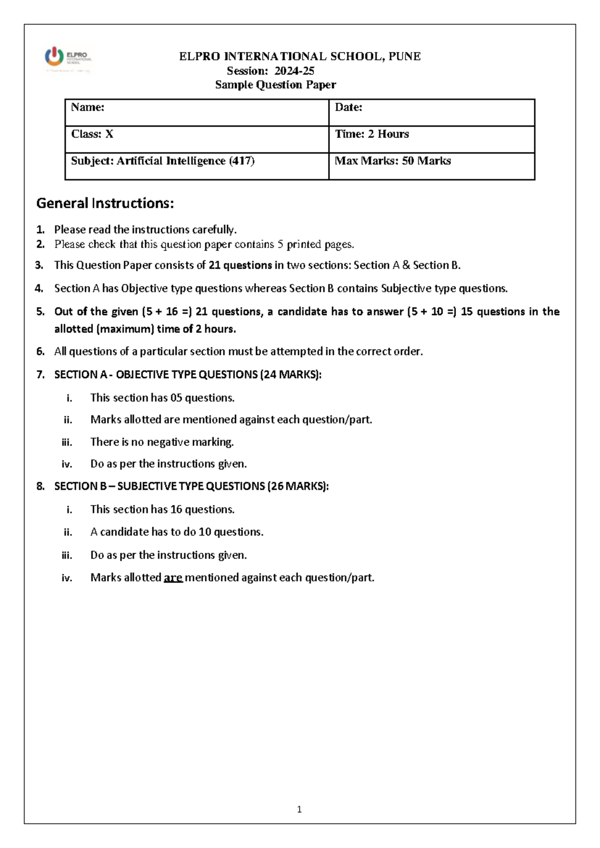 417 AI Sample Question Paper - Class X (2 Hours, Max 50 Marks) - Studocu