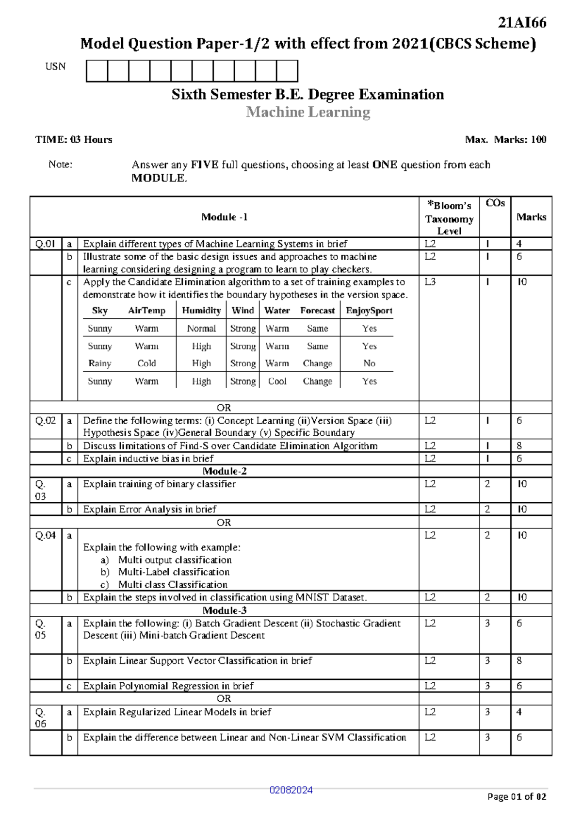 21AI63 Model Question Paper-1/2: Machine Learning Exam Prep - Studocu