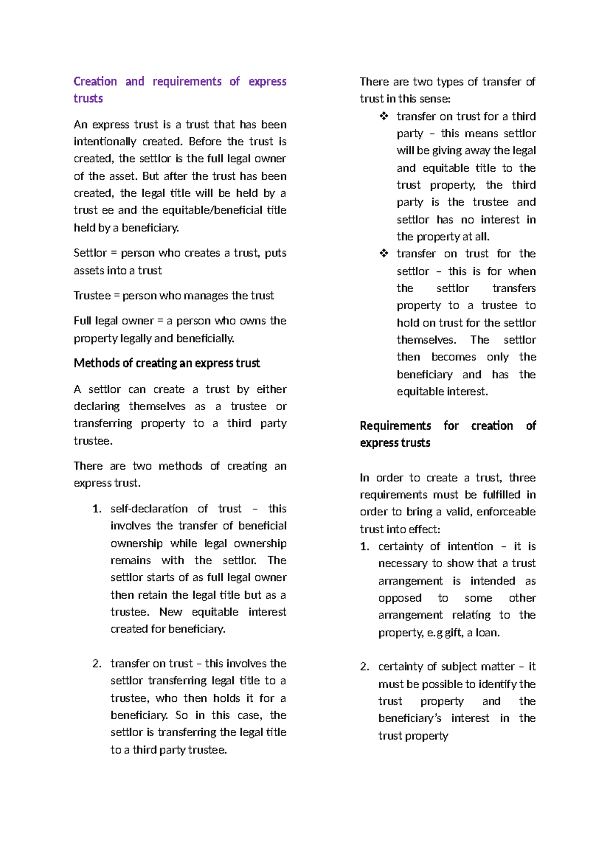 Creation and Requirements of Express Trusts (Law 101 - Chap 2) - Studocu