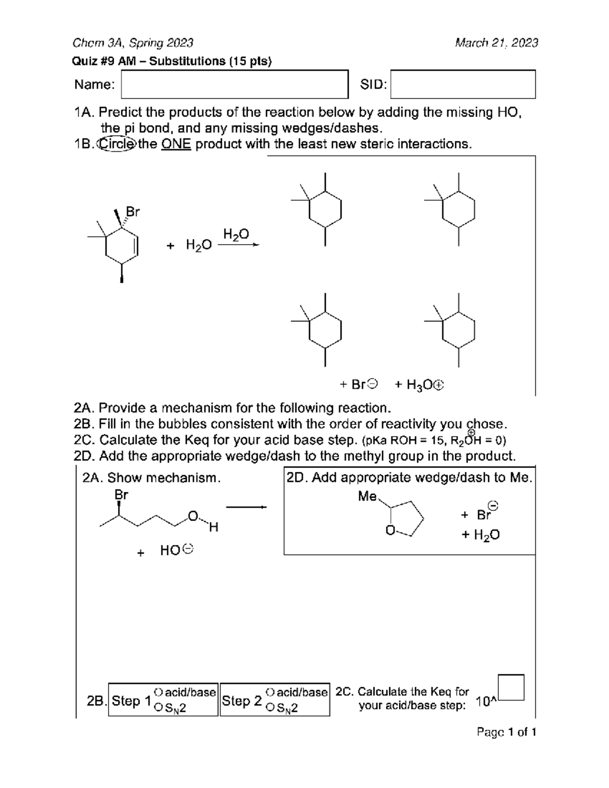 Quiz 9 AM: Substitutions in Chem 3A - Spring 2023 - Studocu