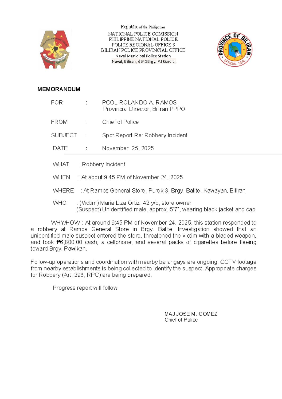 Spot Report: Robbery and Rape Incidents in Biliran - Studocu