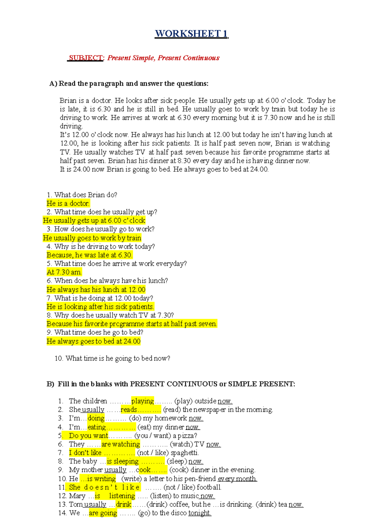 Trabajo de Inglés: Present Simple & Continuous Concepts and Exercises ...