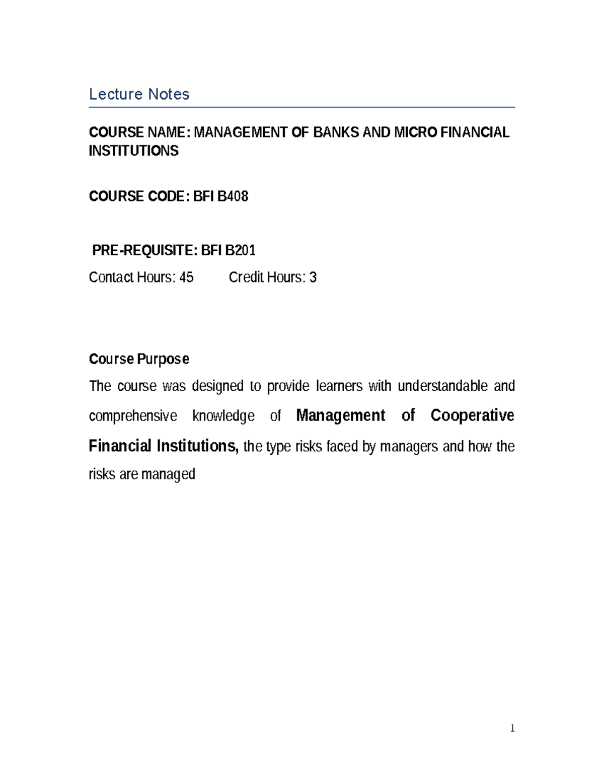 Lecture Notes: Financial Cooperatives & SACCOs Overview (BFI B408 BFI ...
