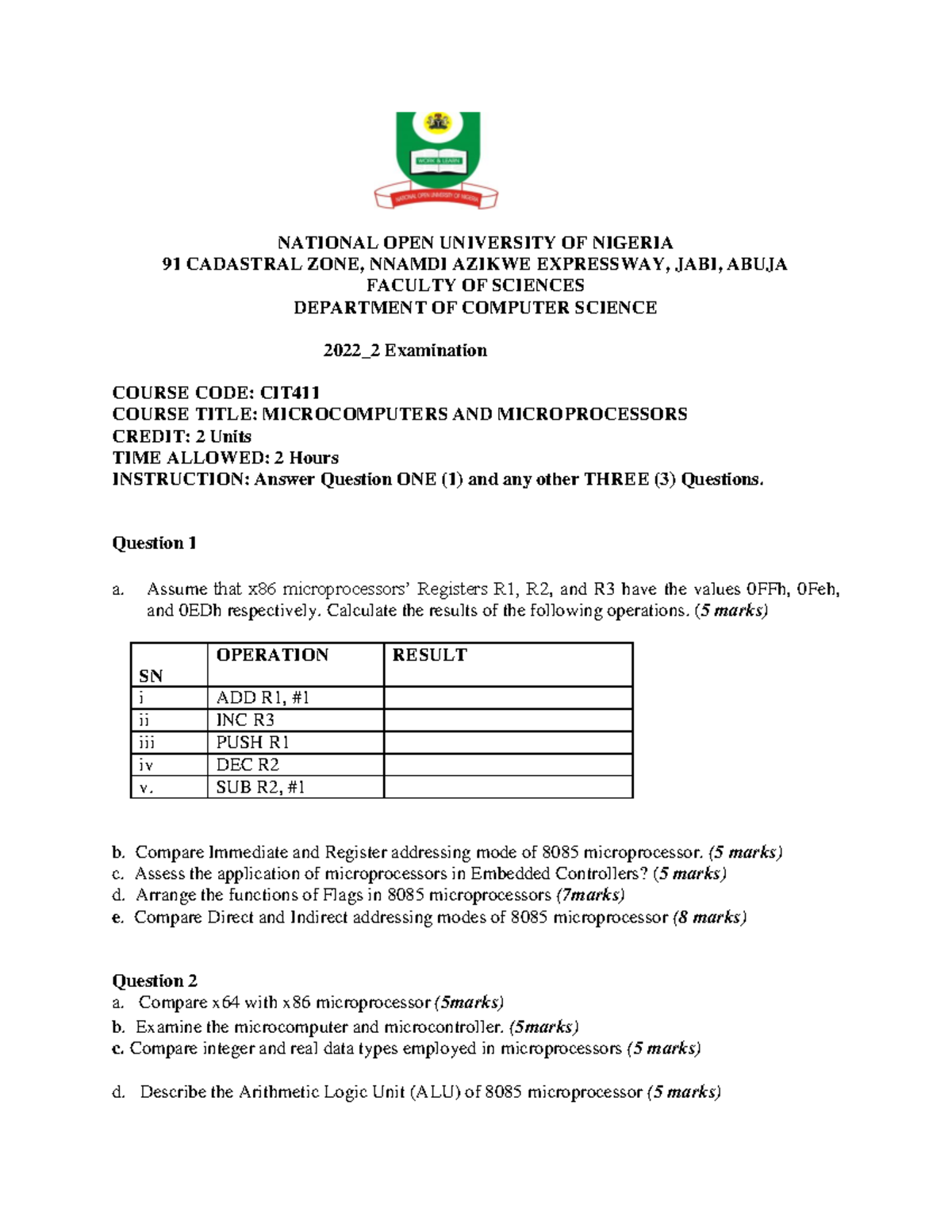 CIT411 Microcomputers & Microprocessors Past Exam Questions - Studocu