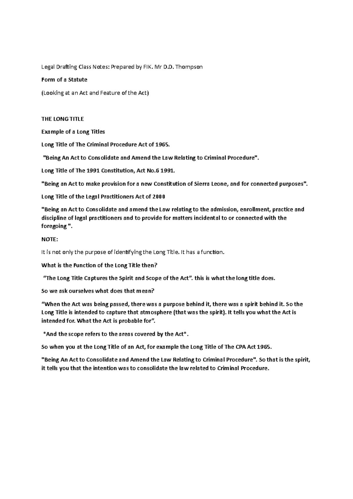 Legal Drafting Class Notes: Long Title & Commencement Features - Studocu