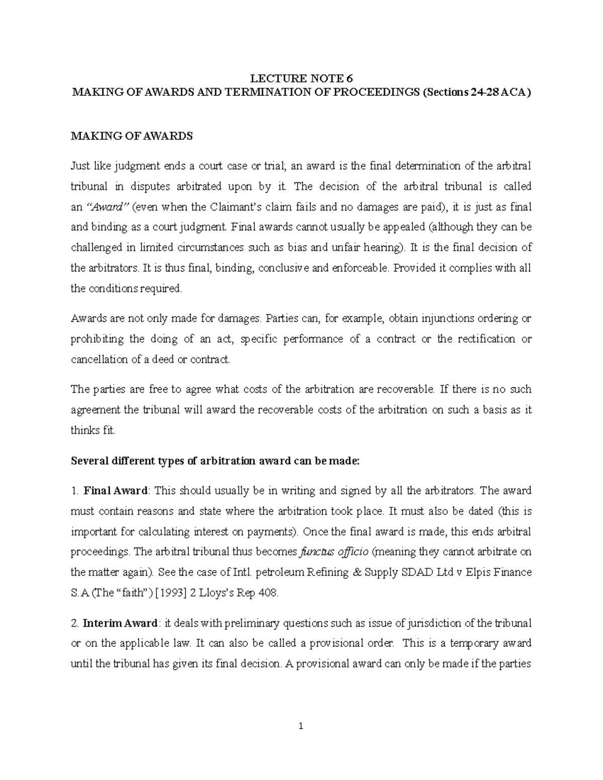 NOTE 6 Making OF Awards AND Termination OF Proceedings - LECTURE NOTE 6 ...