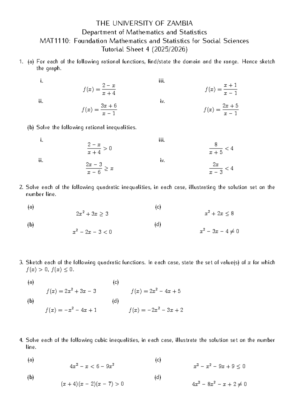 Math 101: Foundation Mathematics & Statistics Tutorial Sheet 4 - Studocu