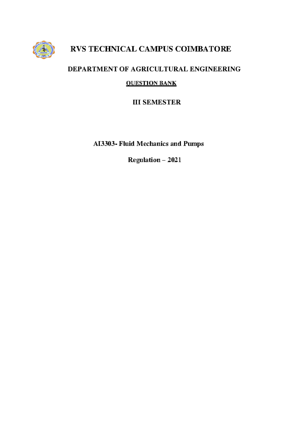 Fluid Mechanics and Pumps (RVS 2021) Question Bank for Semester 2 - Studocu