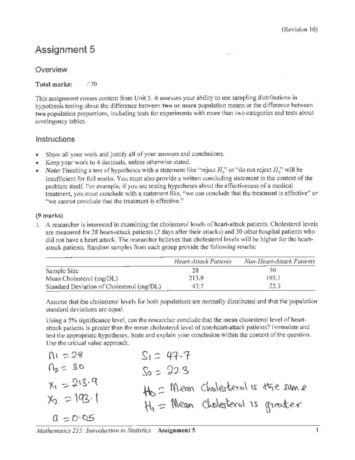 Mathematics 215: Assignment 5 Overview and Hypothesis Testing Guide ...