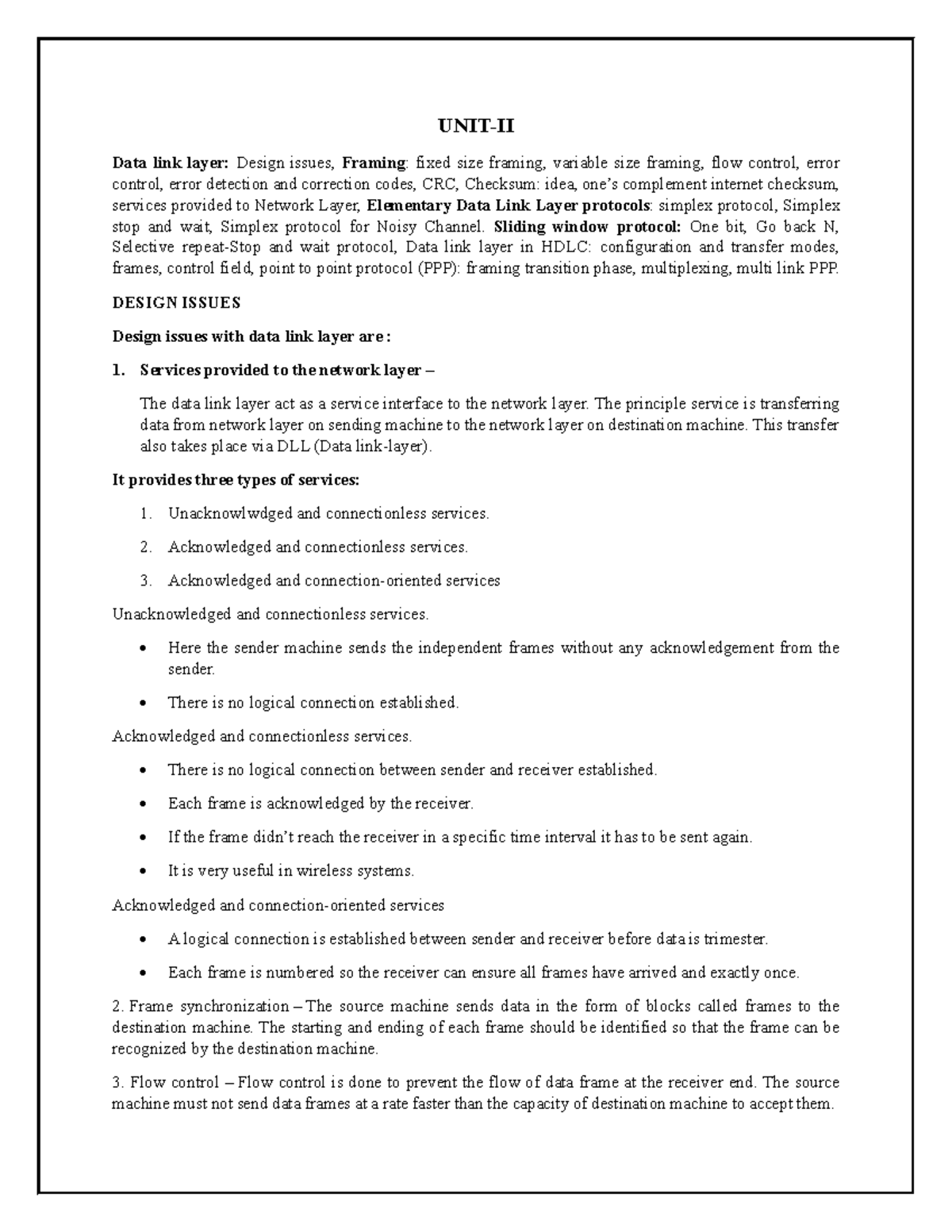 CN UNIT-II: Data Link Layer Design, Framing & Error Control Techniques ...