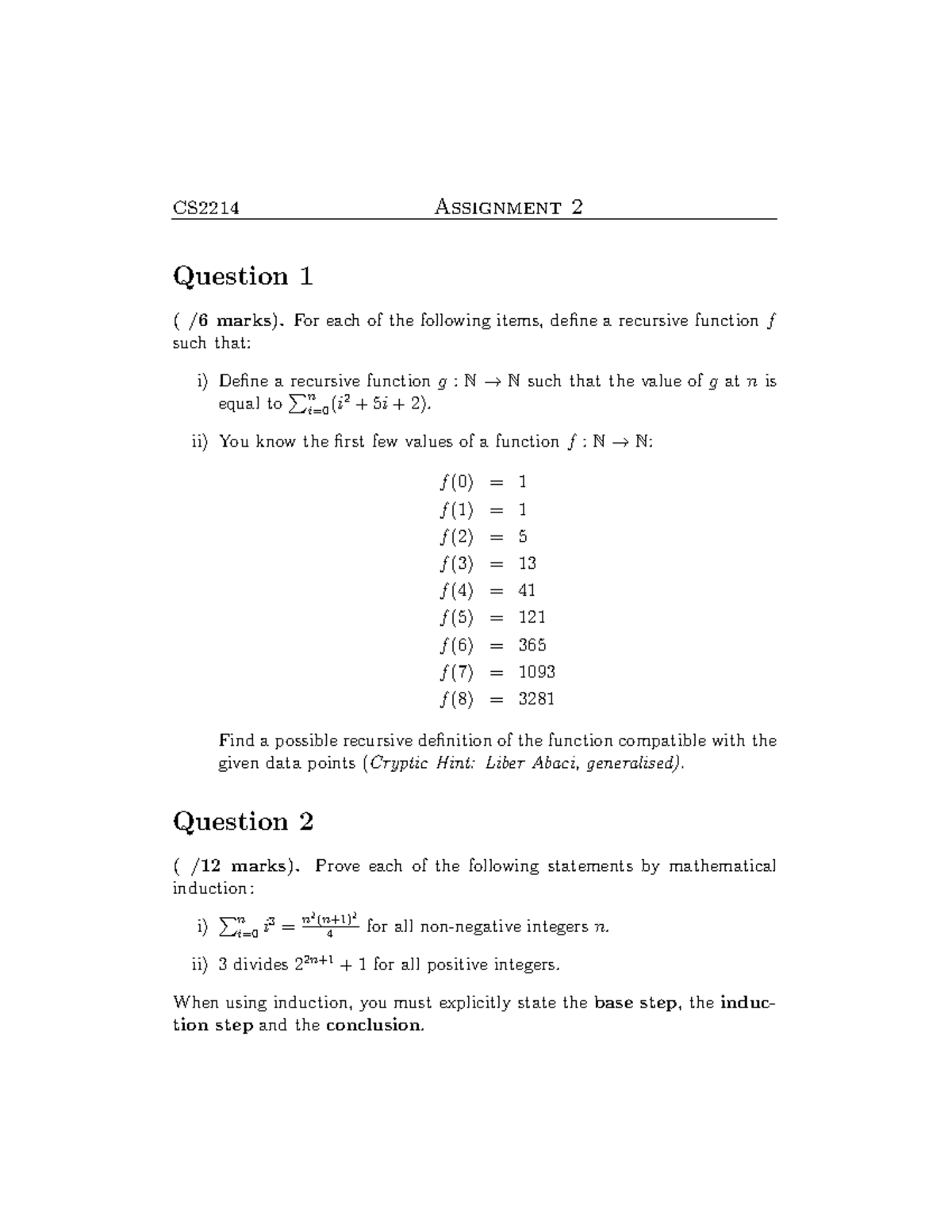 CS2214 Assignment 2: Recursive Functions and Induction Proofs - Studocu