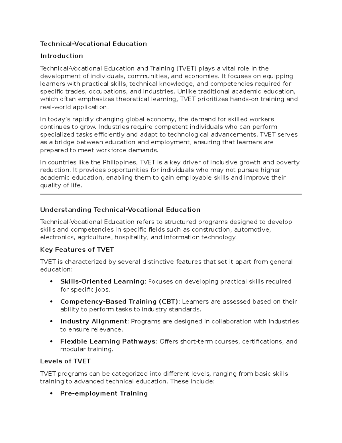TVET Overview: Importance, Challenges, and Strategies for Success - Studocu