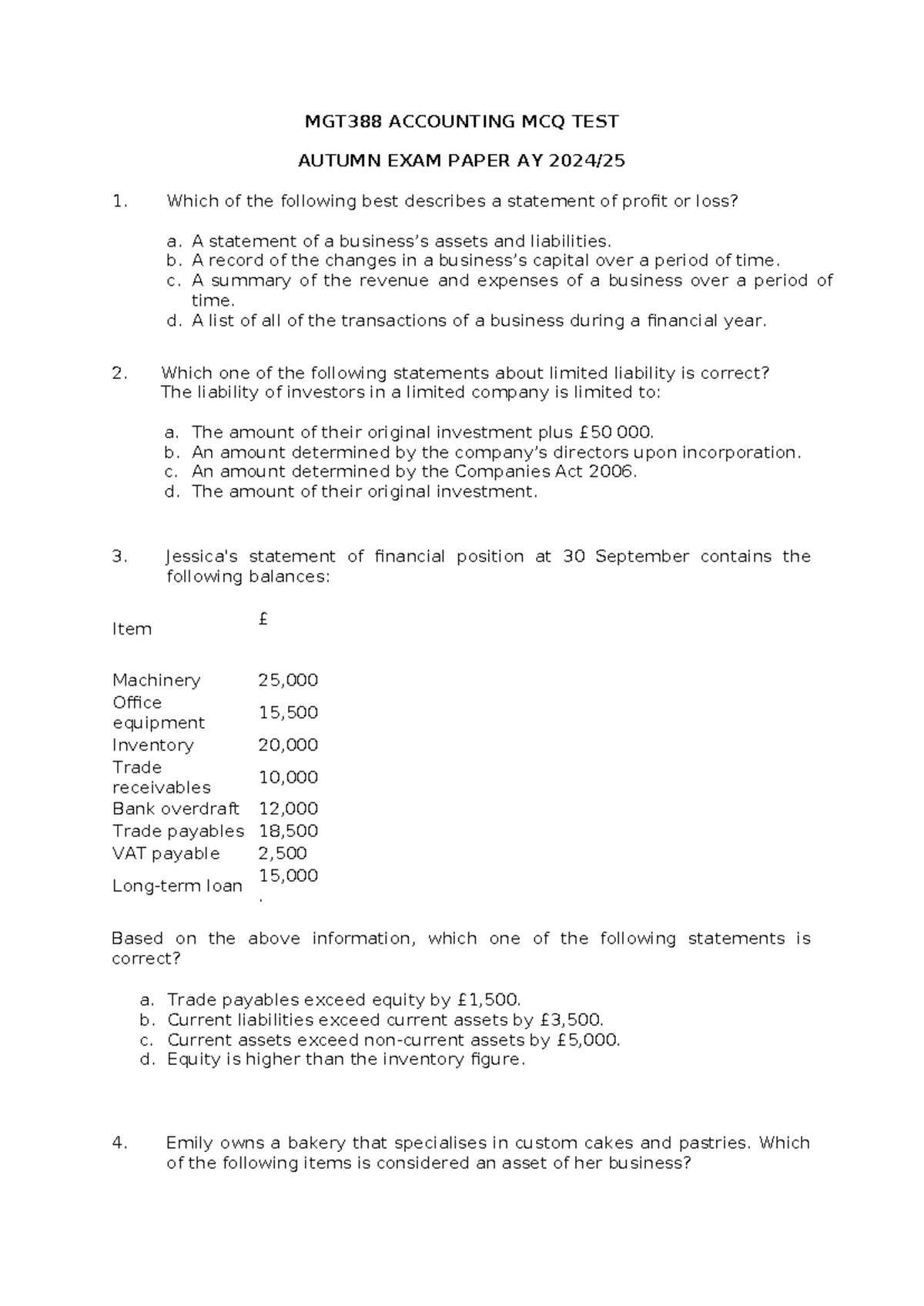 MGT388 Accounting Fall MCQ Test 2024-25 (No Answers) - Studocu