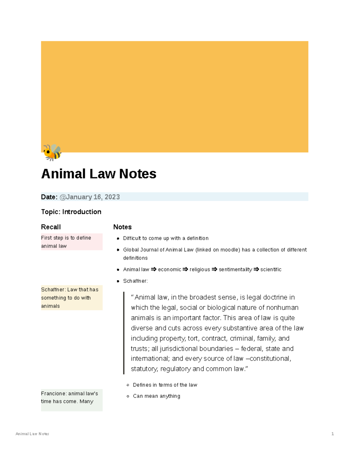 Animal Law Notion Notes - 🐝 Animal Law Notes Date: Topic: Introduction ...