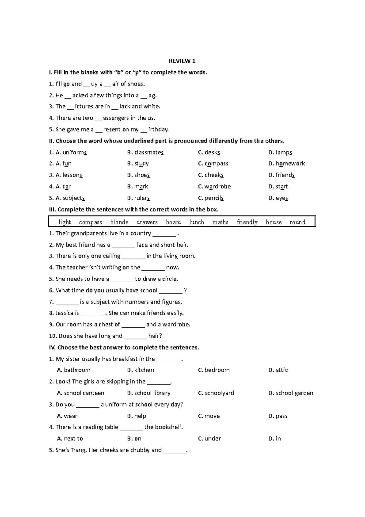 REVIEW 1: Vocabulary and Grammar Exercises for English Learners - Studocu