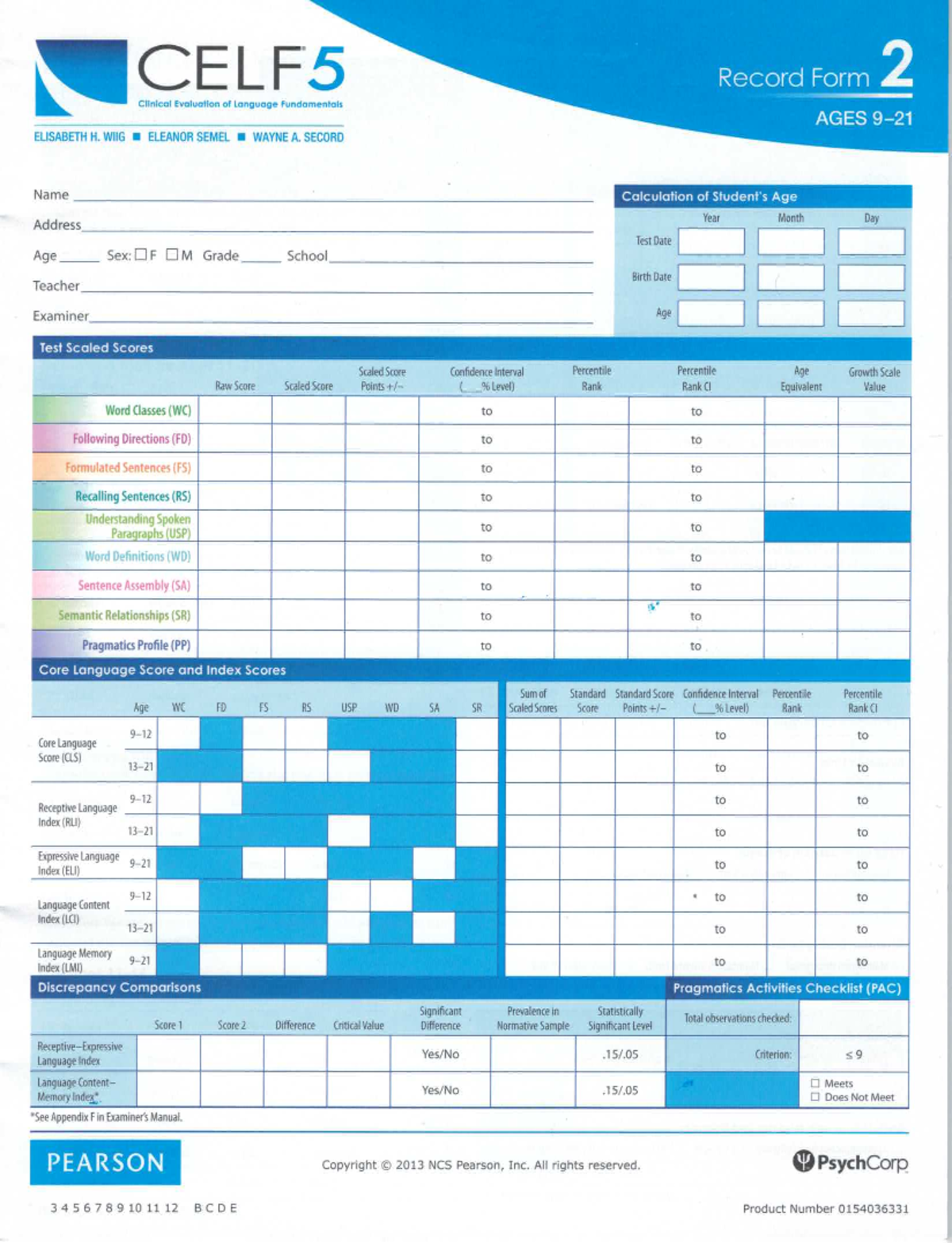 CELF5 Record Form 2: Clinical Evaluation of Language Fundamentals Ages ...