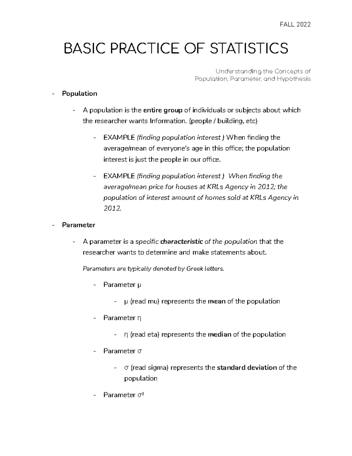 Statistics 101 - Fall 2022 Summary Notes on Key Concepts - Studocu